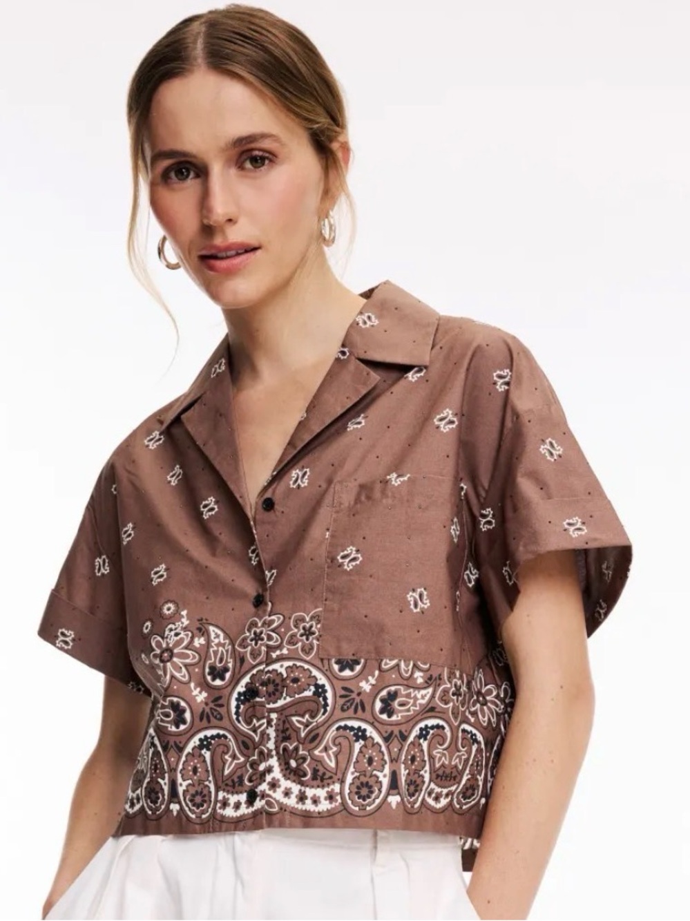 Maje Patterned Rhinestone Cropped Shirt size 0